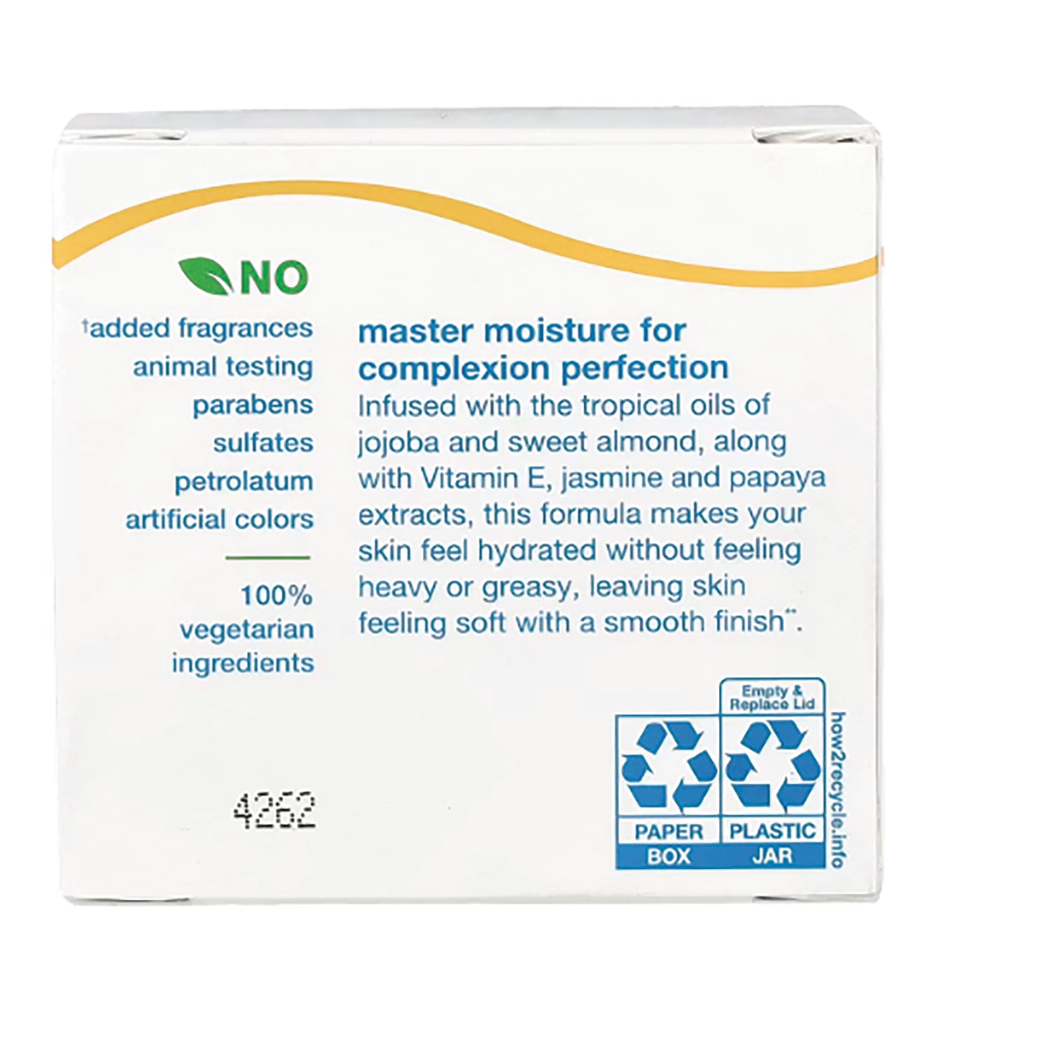 ABA041 | Back of box: no added fragrances, parabens or sulfates; master moisture for complexion perfection text