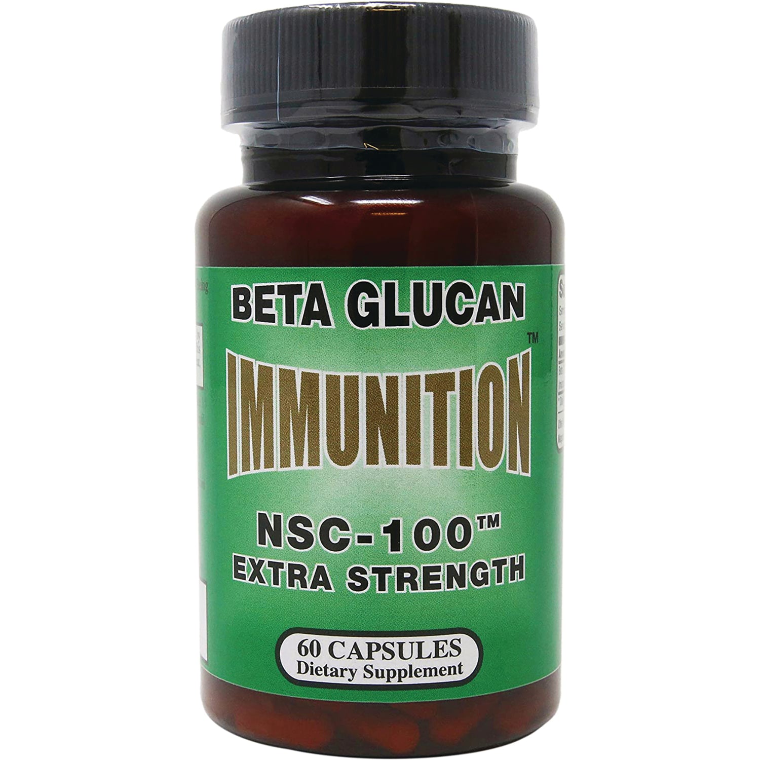 Green supplement bottle labeled BETA GLUCAN IMMUNITION NSC-100 EXTRA STRENGTH 60 CAPSULES