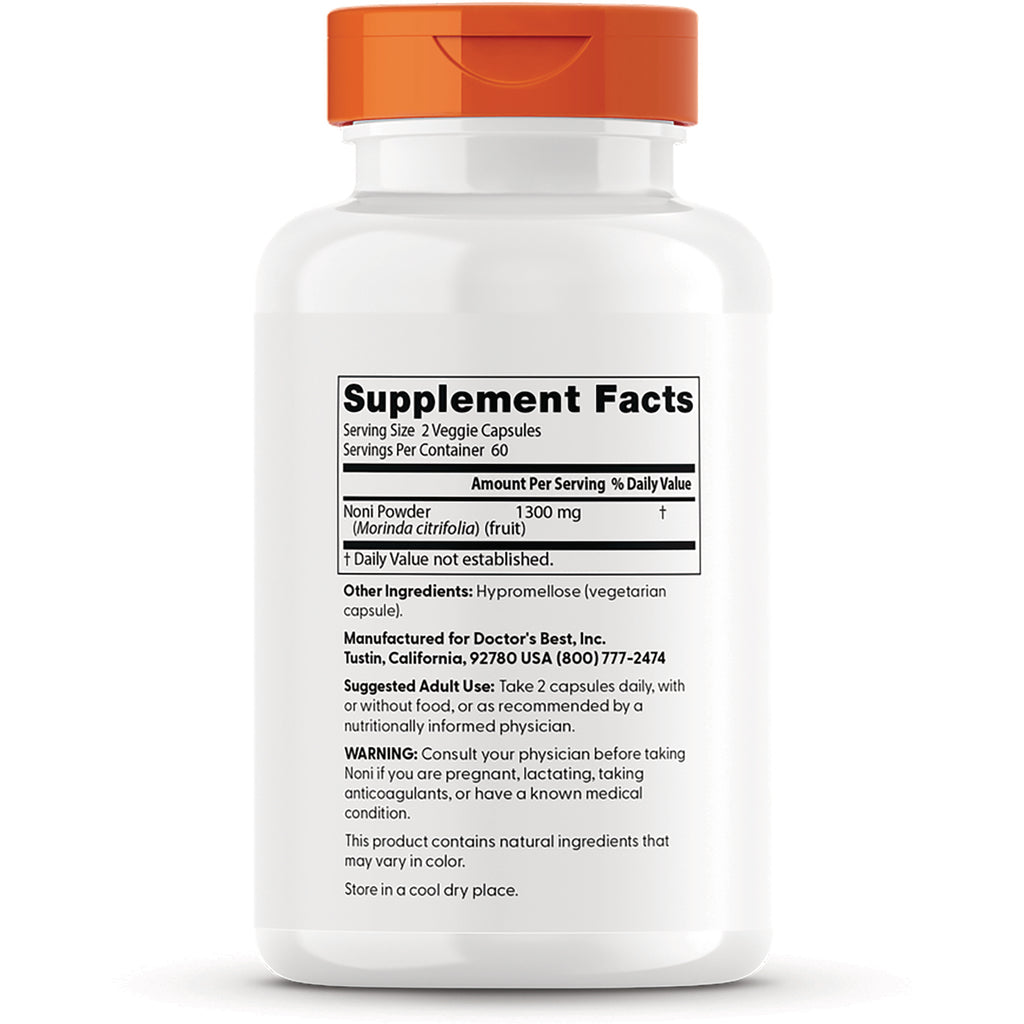 DB141 | Back of white supplement bottle showing Supplement Facts label listing Noni Powder 1300 mg and usage and warning text - Thumbnail
