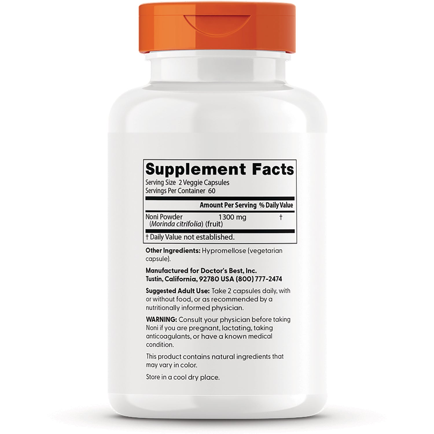 DB141 | Back of white supplement bottle showing Supplement Facts label listing Noni Powder 1300 mg and usage and warning text