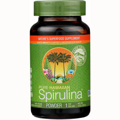 NUT005 | Brown jar of Pure Hawaiian Spirulina powder with green label and tropical palm logo