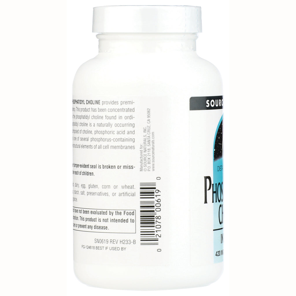 SN928 | Back label of Source Naturals Phosphatidyl Choline bottle with barcode and warnings - Thumbnail