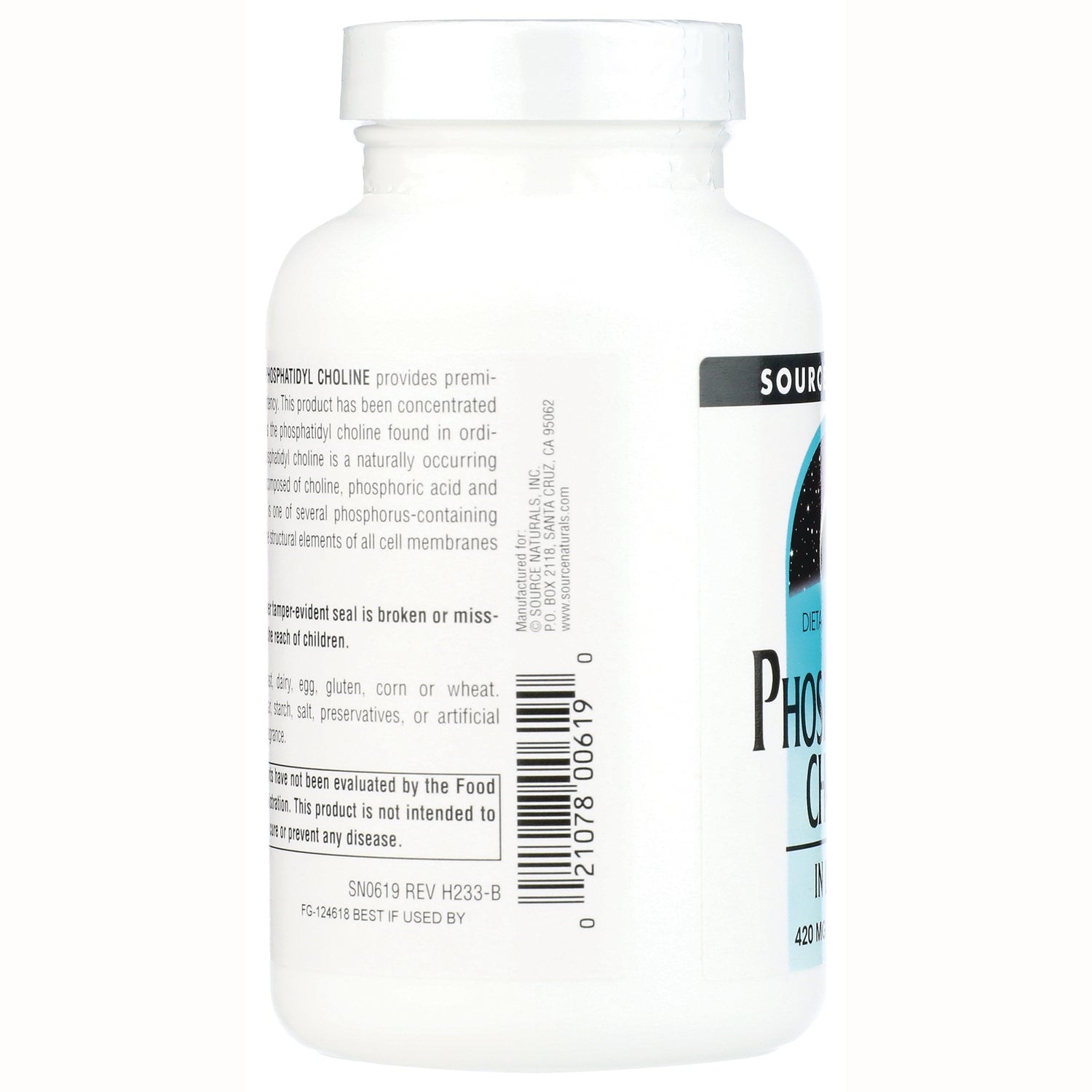 SN928 | Back label of Source Naturals Phosphatidyl Choline bottle with barcode and warnings