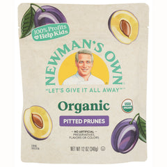 NWM027 | Newman's Own organic pitted prunes front pouch with logo and plum illustrations