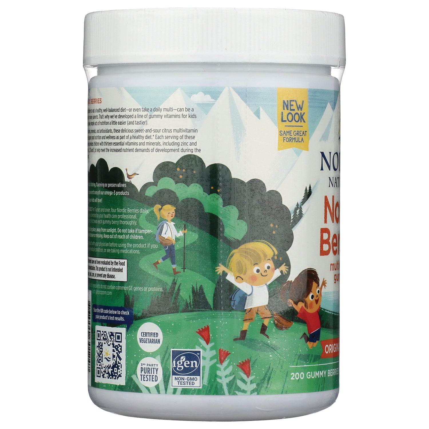 NRN067 | product infographic label showing illustrated children hiking on a green landscape on a gummy vitamins jar