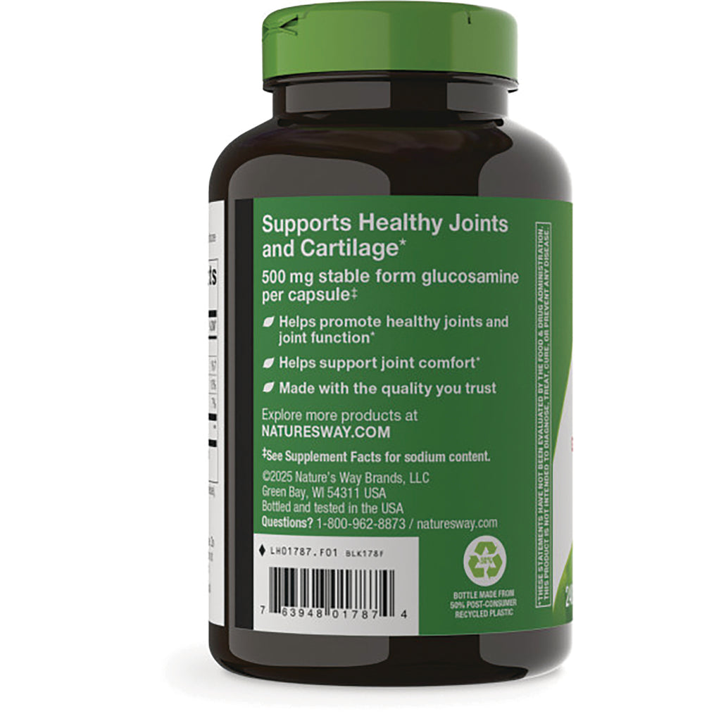ET260 | Back label of brown supplement bottle: Supports Healthy Joints and Cartilage, 500 mg glucosamine per capsule, barcode - Thumbnail