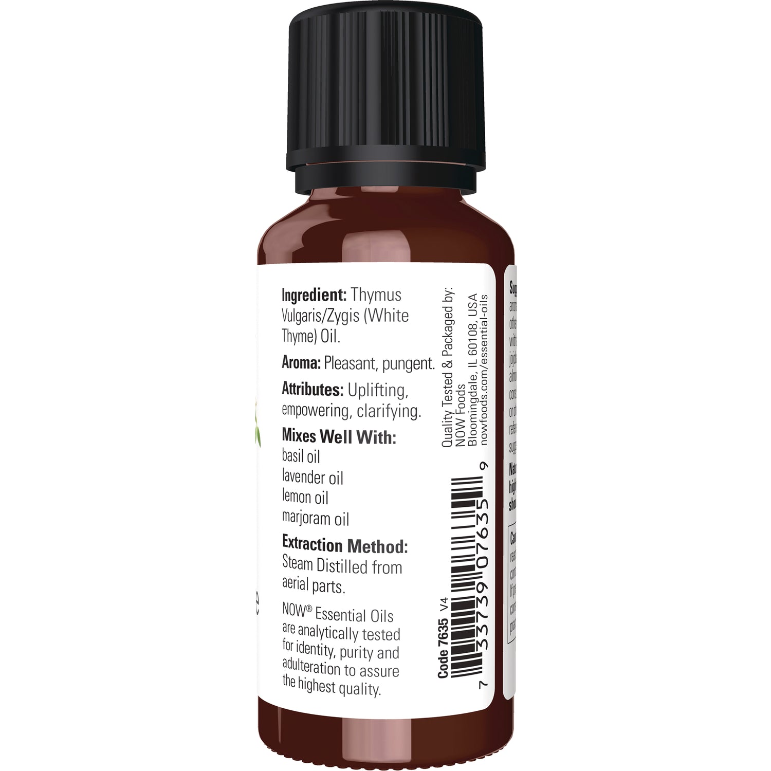 NWF355 | Back label of amber essential oil bottle showing ingredients, aroma, mixes well with list, extraction method and barcode