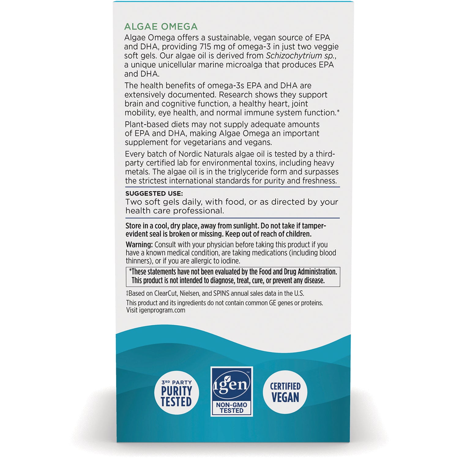 NRN133 | back of Algae Omega supplement box showing product description, suggested use, warnings, and purity and vegan icons