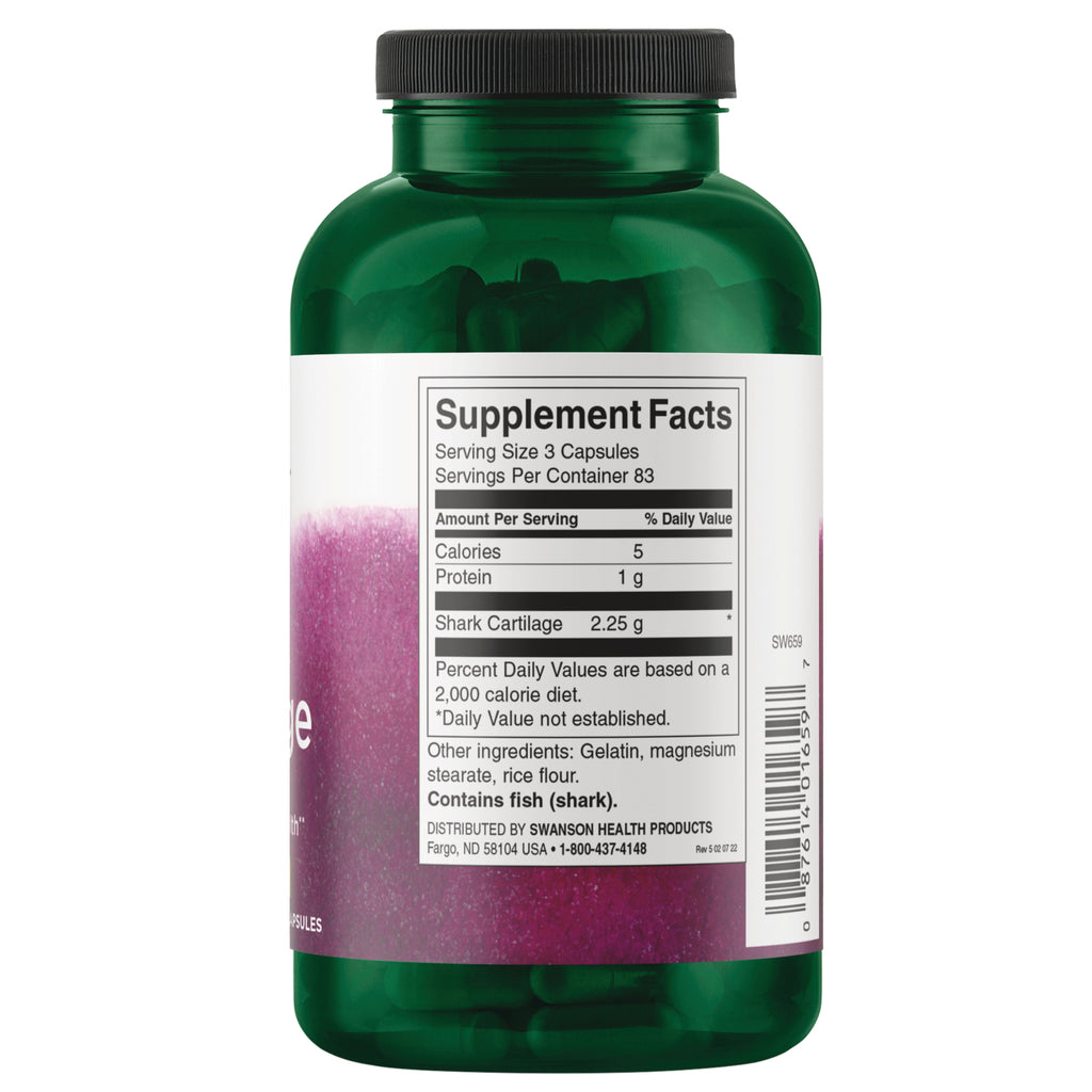 SW659 | Back label with Supplement Facts for shark cartilage capsules; serving size 3 capsules; contains fish (shark) - Thumbnail