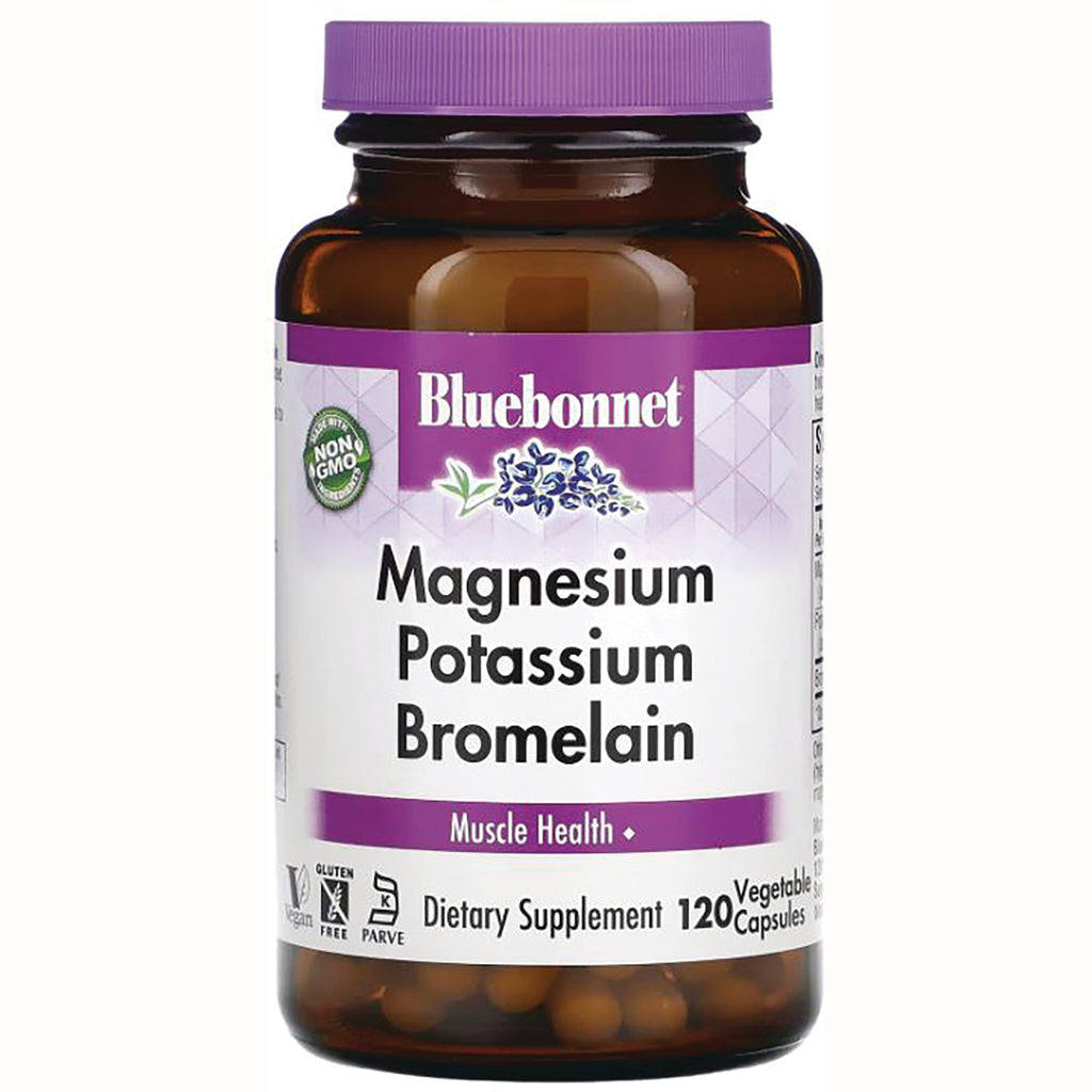BLU100 | Bluebonnet Magnesium Potassium Bromelain dietary supplement bottle, 120 vegetable capsules - Thumbnail