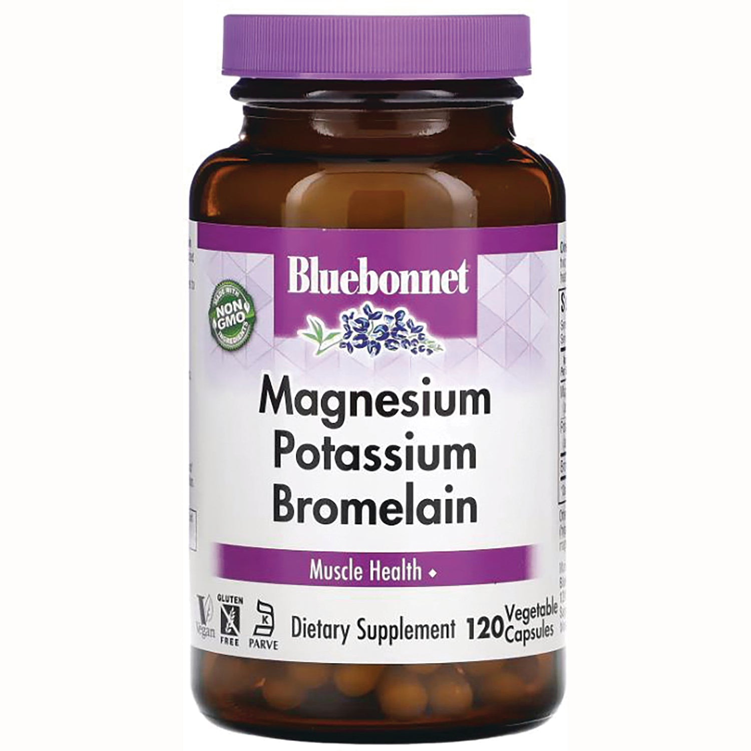 BLU100 | Bluebonnet Magnesium Potassium Bromelain dietary supplement bottle, 120 vegetable capsules