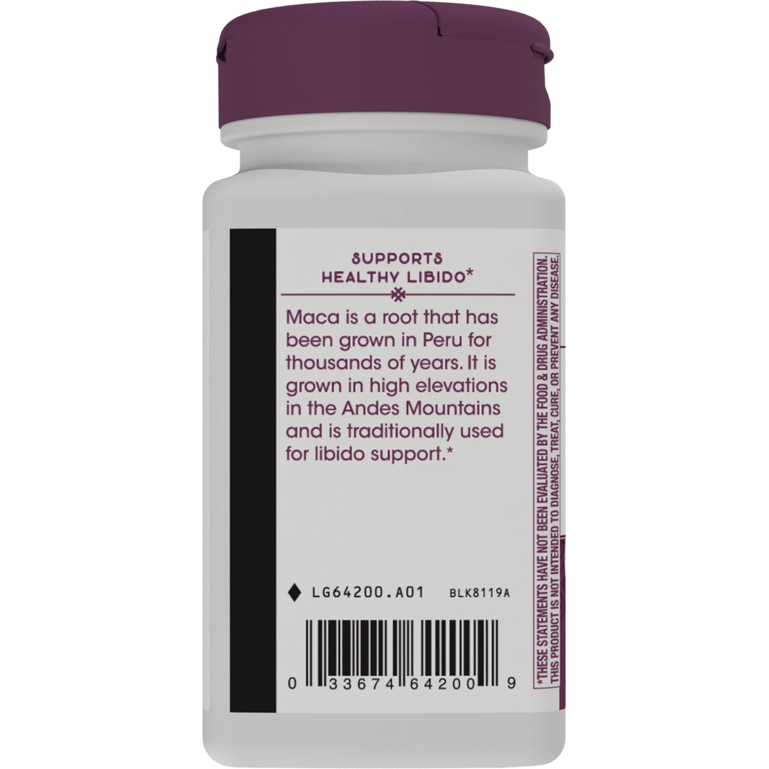 NW772 | back label of supplement bottle reading Supports healthy libido and Maca description with barcode