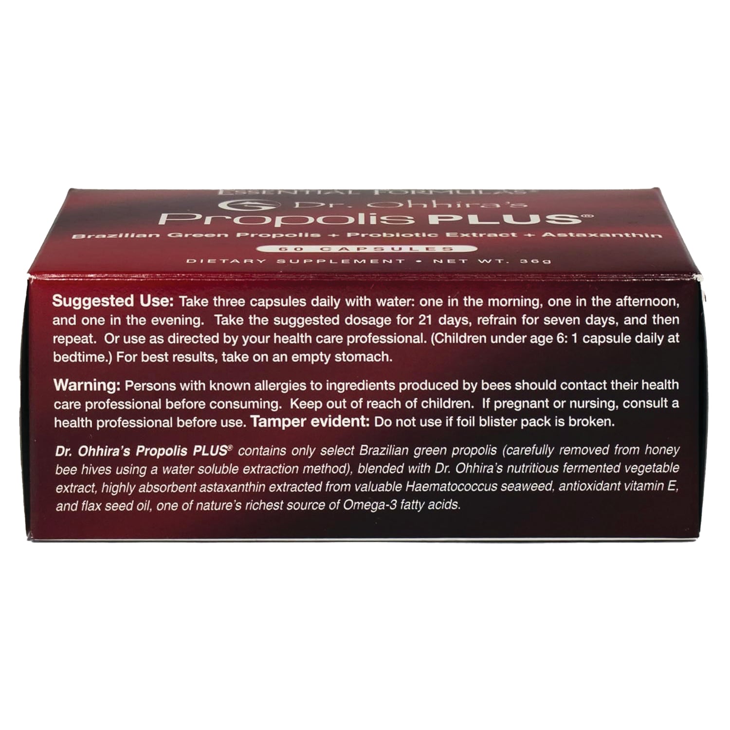DRH005 | Back of maroon Propolis PLUS box showing suggested use, warning, and product description text