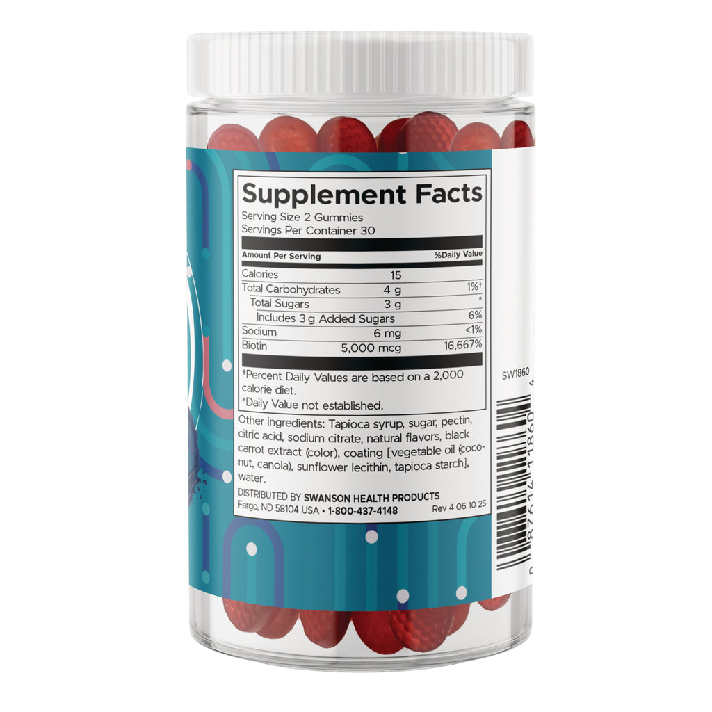 SW1860 | Supplement Facts panel showing serving size 2 gummies, 30 servings, biotin 5,000 mcg, 15 calories - Thumbnail