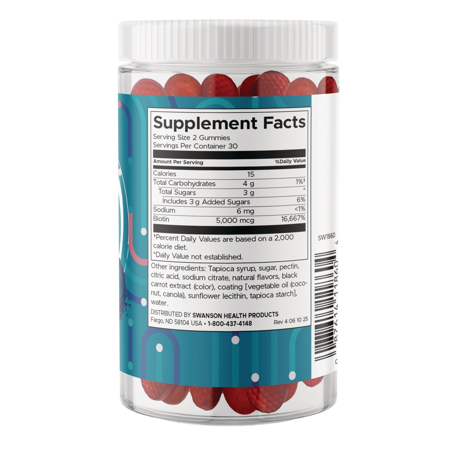 SW1860 | Supplement Facts panel showing serving size 2 gummies, 30 servings, biotin 5,000 mcg, 15 calories