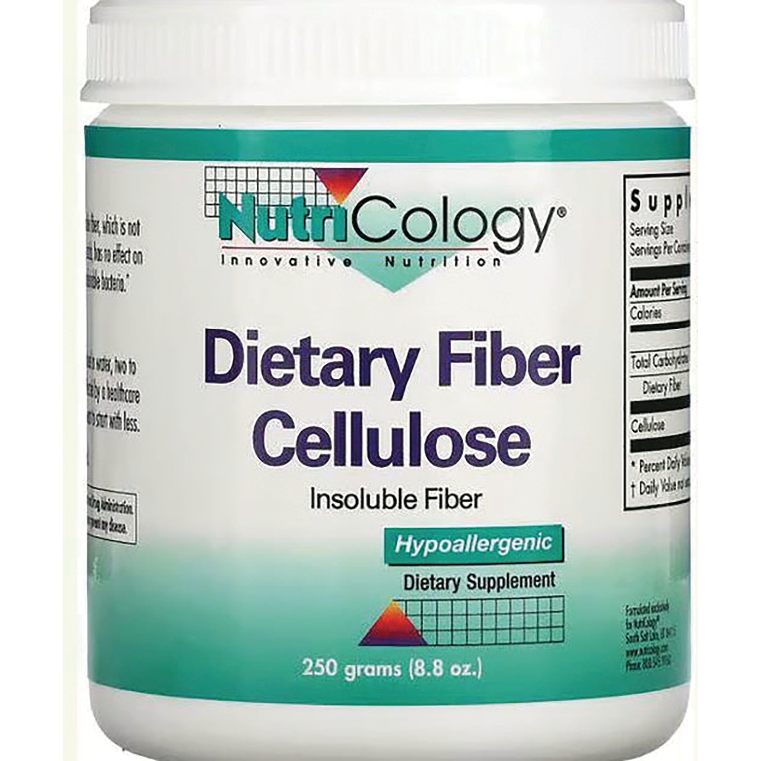 NCL032 | Nutricology Dietary Fiber Cellulose supplement jar, 250 grams, hypoallergenic label