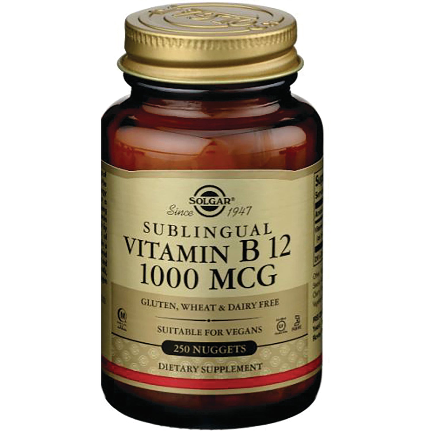 SLG304 | Solgar sublingual Vitamin B12 1000 MCG amber bottle labeled 250 nuggets suitable for vegans