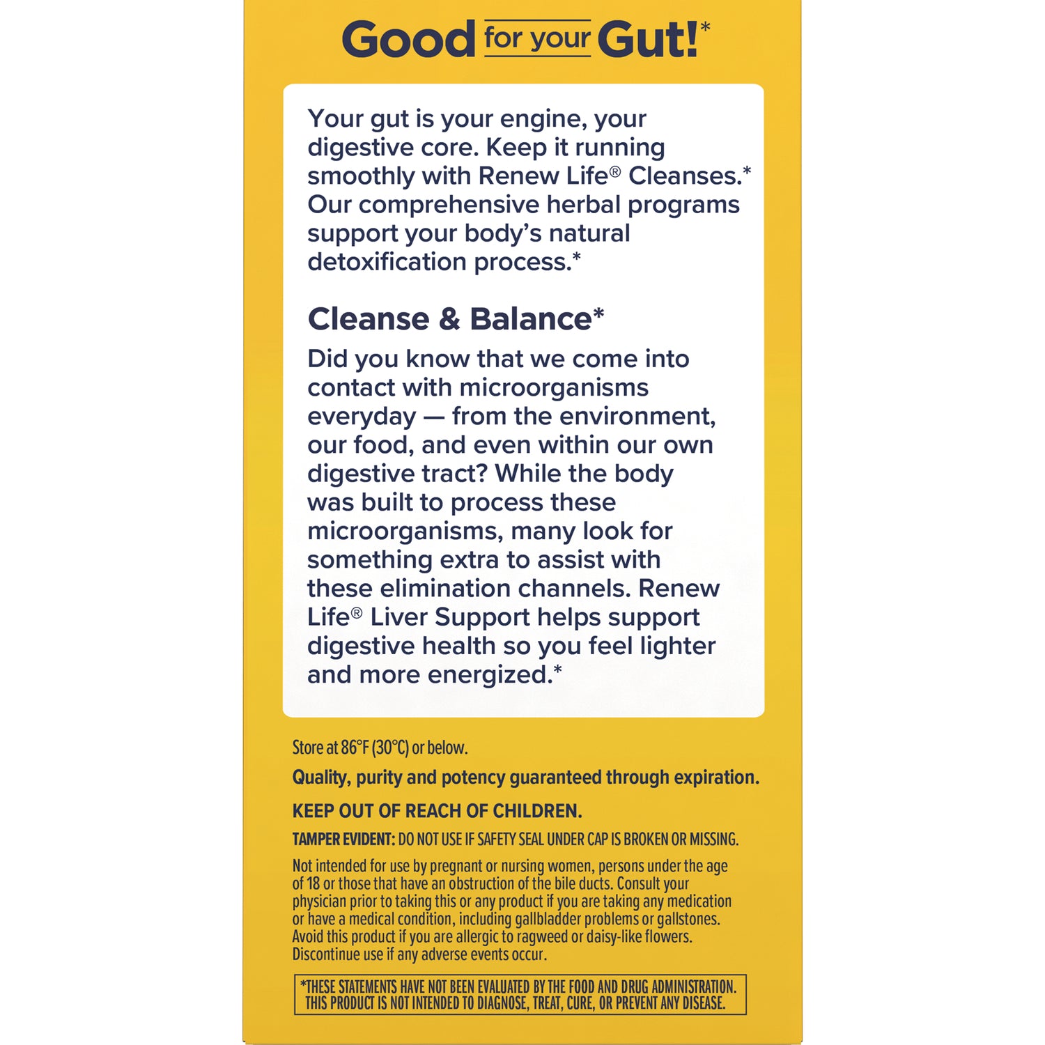 RNL256 | Back panel reading Good for your Gut!, Cleanse & Balance description, storage instructions and safety warnings