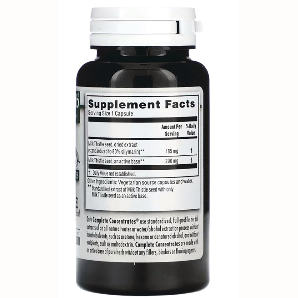 KRG009 | Back of dark supplement bottle showing Supplement Facts panel listing milk thistle seed amounts and other ingredients - Thumbnail