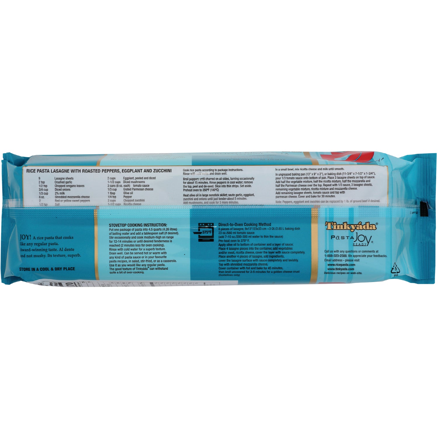 TKY009 | Back of Tinkyada Pasta Joy rice pasta package with cooking instructions and recipe panel