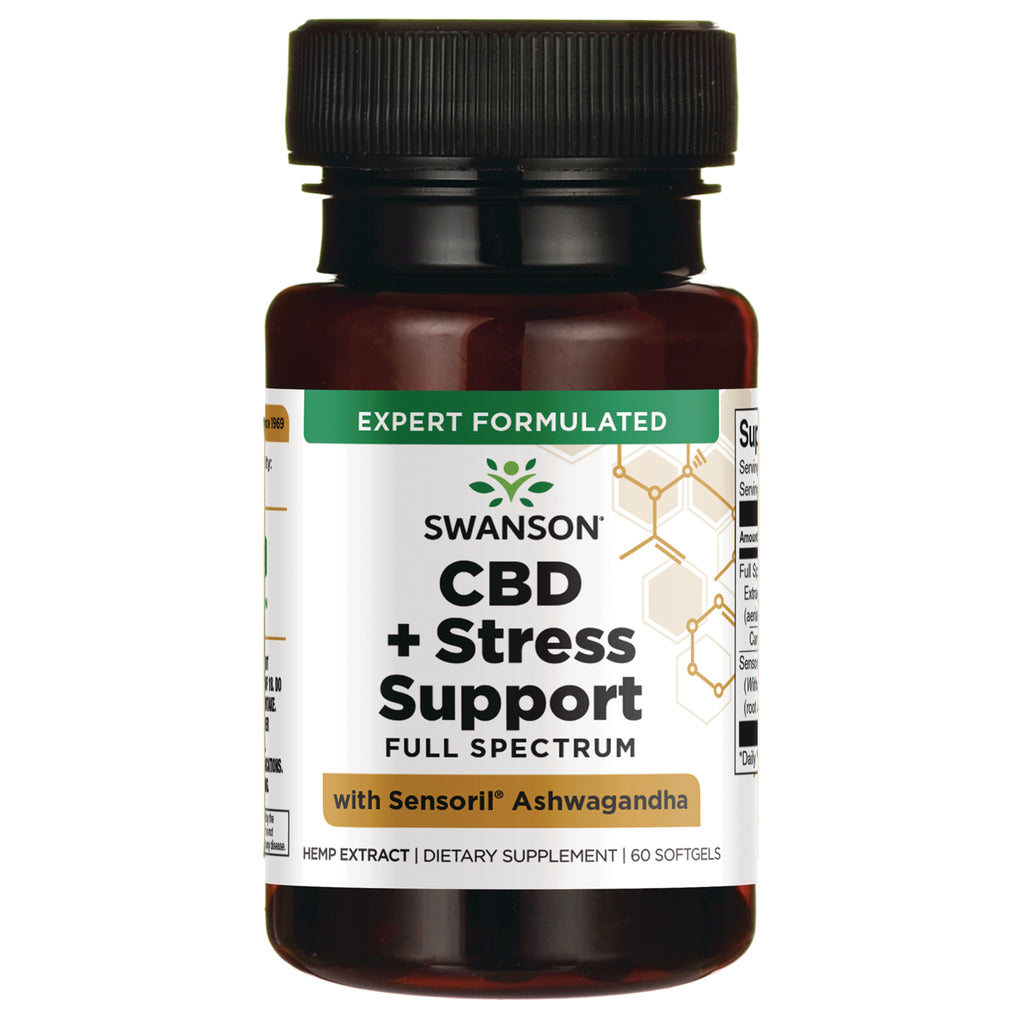 SWU1084 | Four front-facing Swanson CBD + Stress Support full spectrum softgel bottles labeled with Sensoril Ashwagandha - Thumbnail