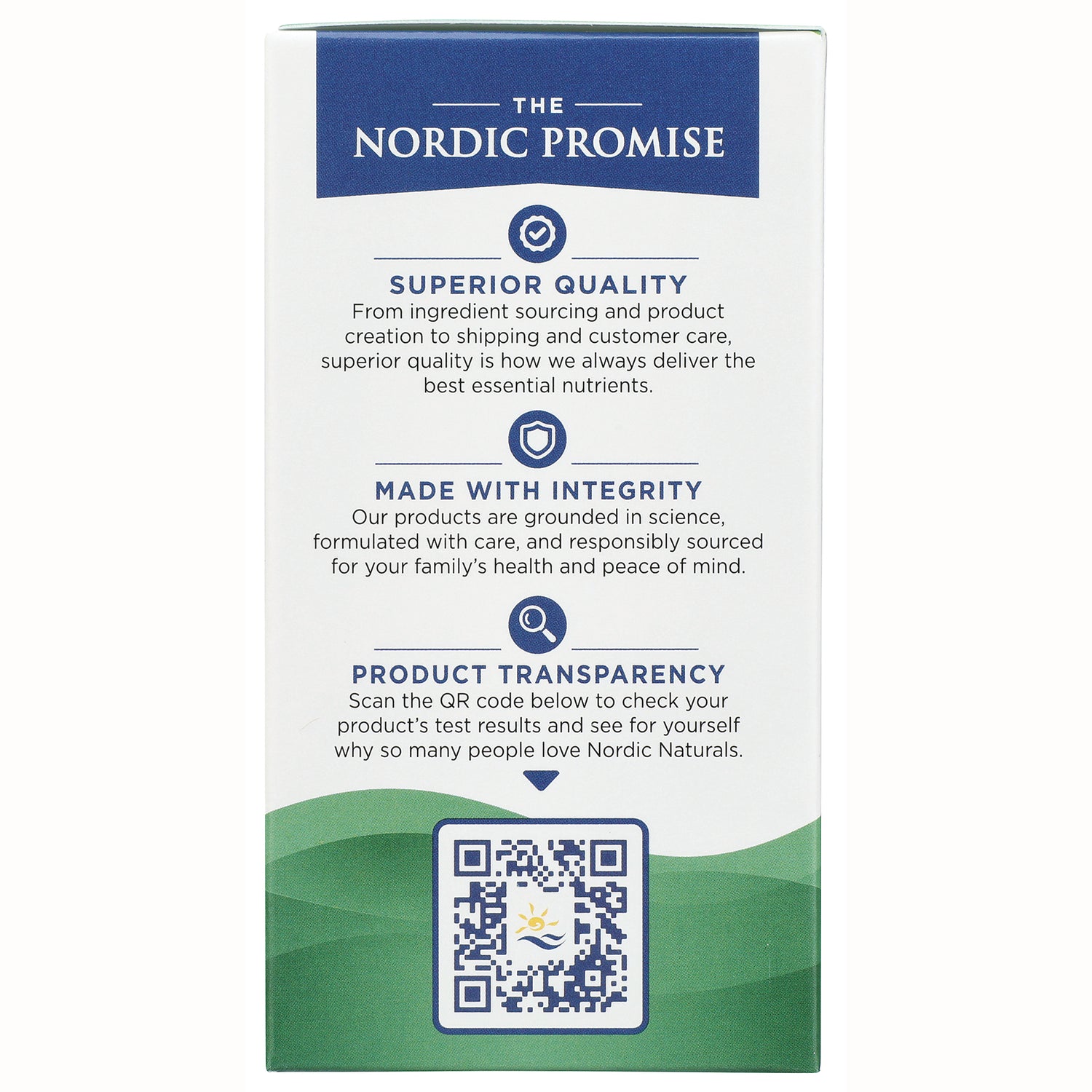 NRN109 | box panel titled The Nordic Promise listing Superior Quality, Made with Integrity, Product Transparency and a QR code