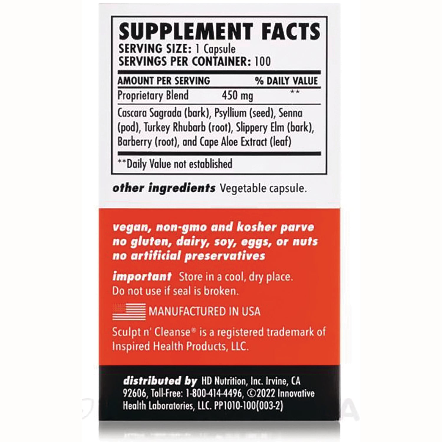 HD003 | back label showing Supplement Facts, proprietary blend 450 mg, other ingredients vegetable capsule and vegan non-gmo claims