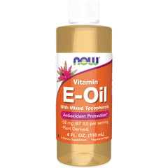 NWF276 | NOW Vitamin E-Oil bottle, 4 fl oz, with mixed tocopherols and Antioxidant Protection label