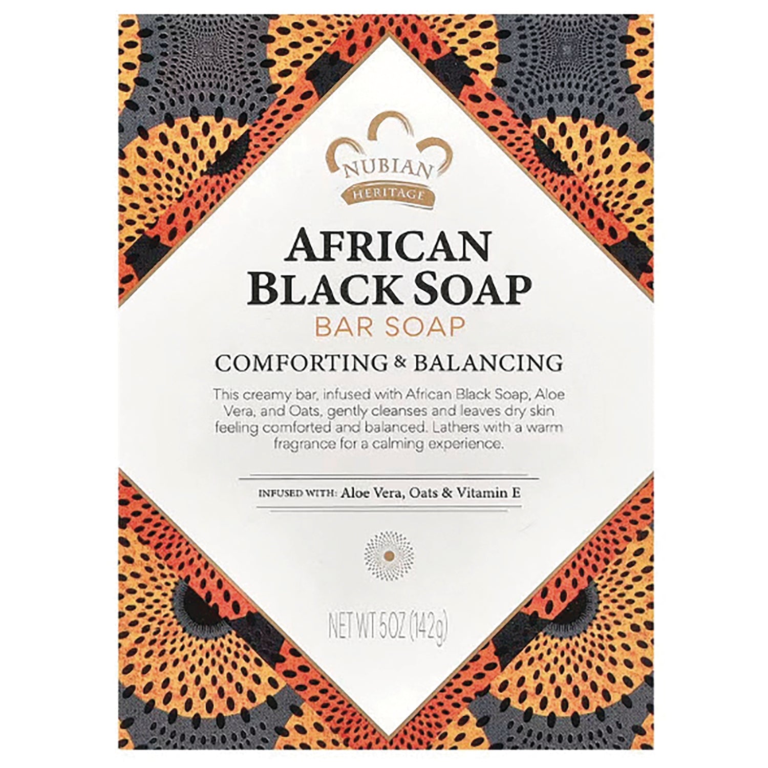 NBH007 | Nubian Heritage African Black Soap bar packaging labeled Comforting & Balancing, infused with aloe vera, oats and vitamin E