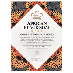 NBH007 | Nubian Heritage African Black Soap bar packaging labeled Comforting & Balancing, infused with aloe vera, oats and vitamin E