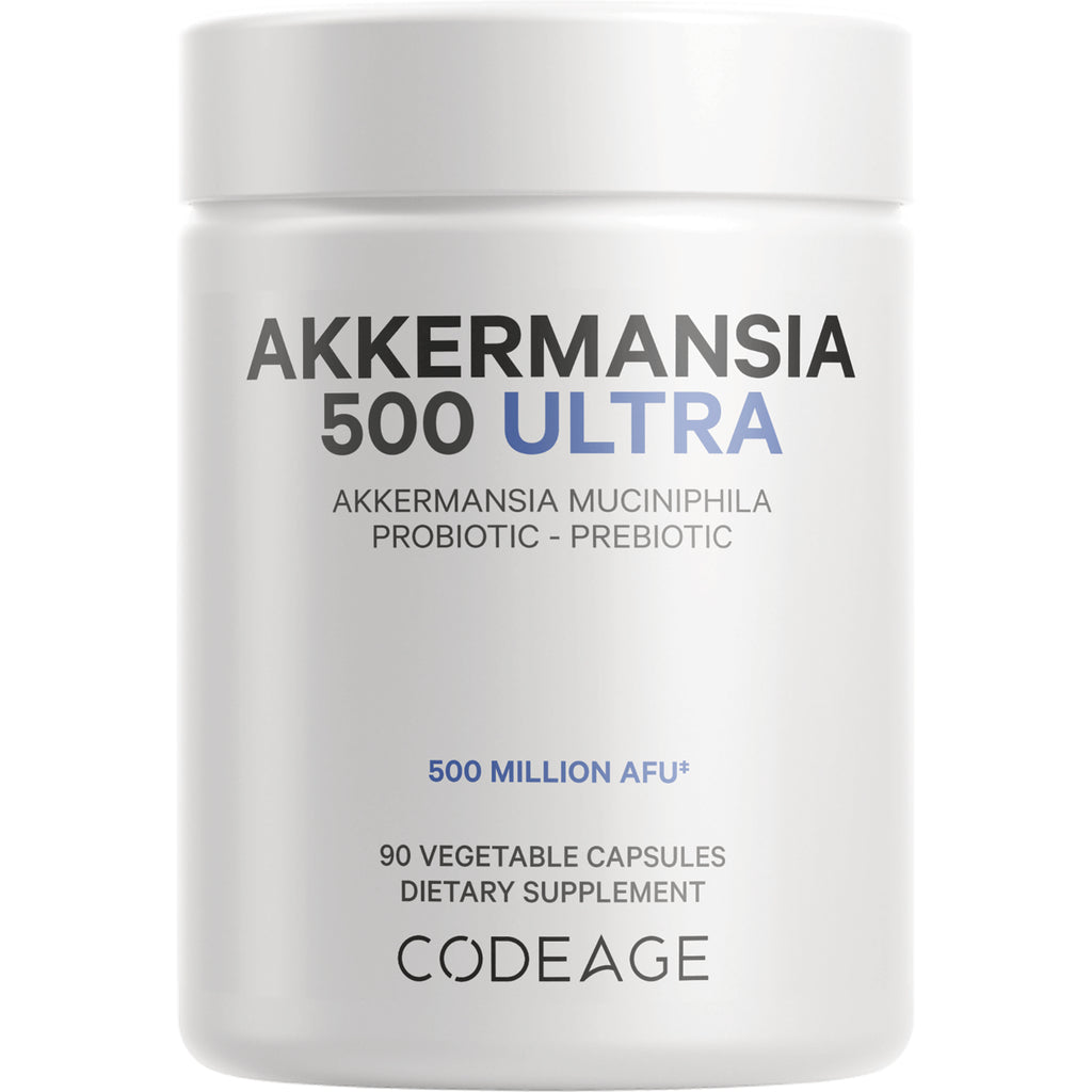 CDG005 | White supplement bottle labeled AKKERMANSIA 500 ULTRA, 90 vegetable capsules, Codeage - Thumbnail
