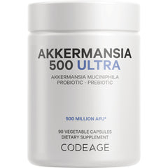 CDG005 | White supplement bottle labeled AKKERMANSIA 500 ULTRA, 90 vegetable capsules, Codeage
