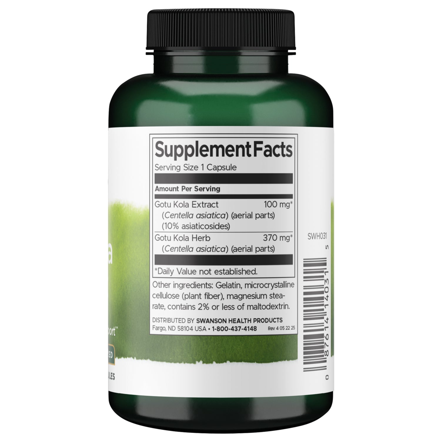 SWH031 | Back of green supplement bottle showing Supplement Facts: serving size 1 capsule, Gotu Kola extract and herb