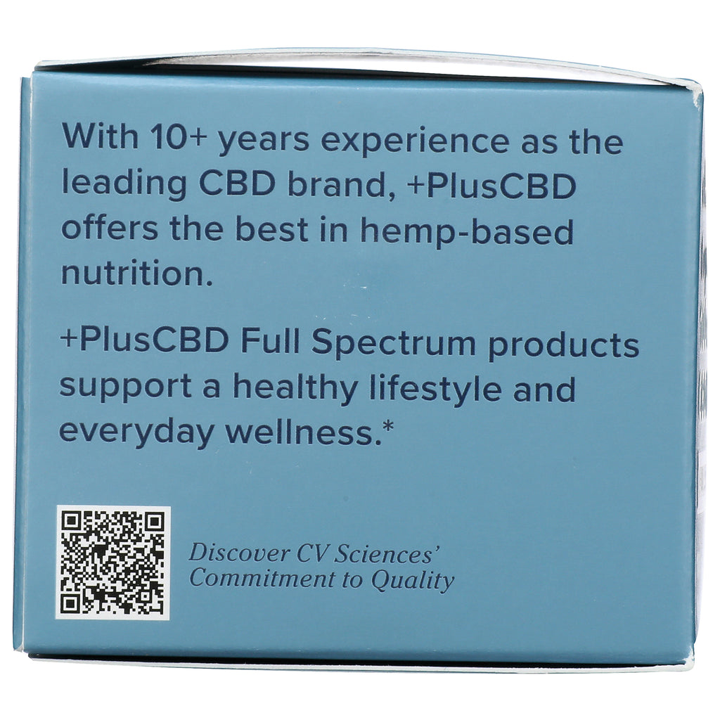CV001 | back of blue product box with PlusCBD Full Spectrum marketing text, QR code and Discover CV Sciences commitment to Quality - Thumbnail