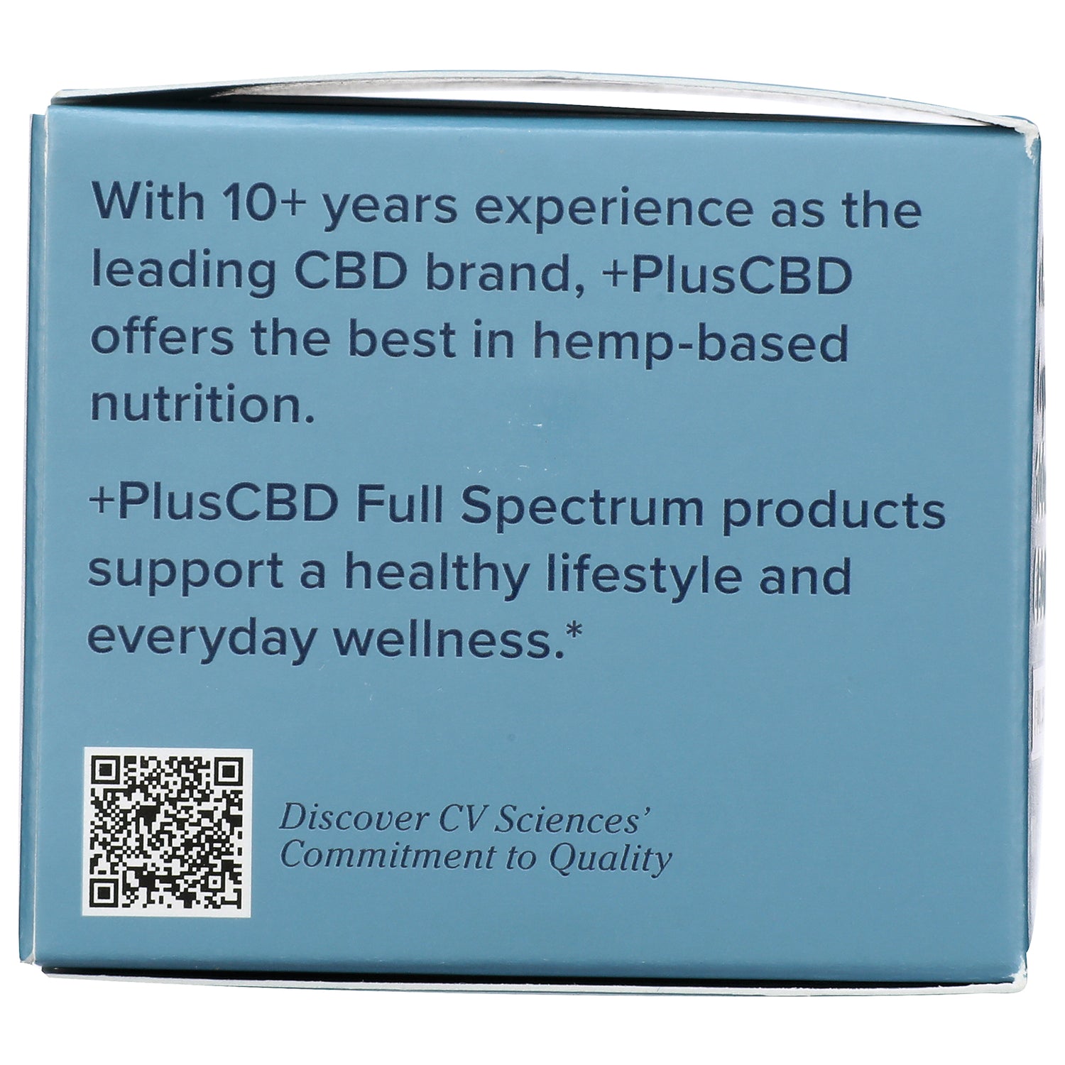 CV001 | back of blue product box with PlusCBD Full Spectrum marketing text, QR code and Discover CV Sciences commitment to Quality