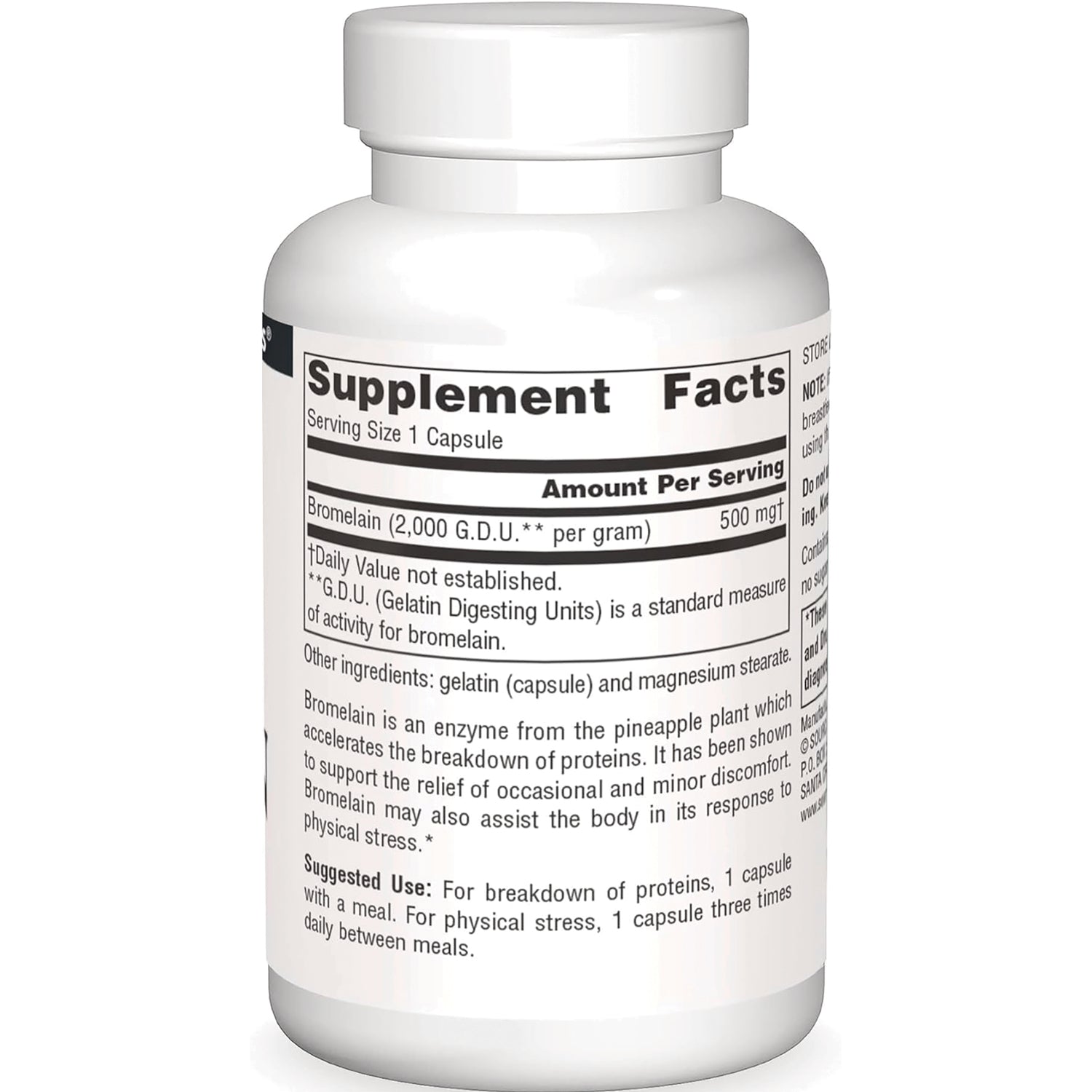 SN440 | Back label showing Supplement Facts for Bromelain 500 mg per serving and suggested use