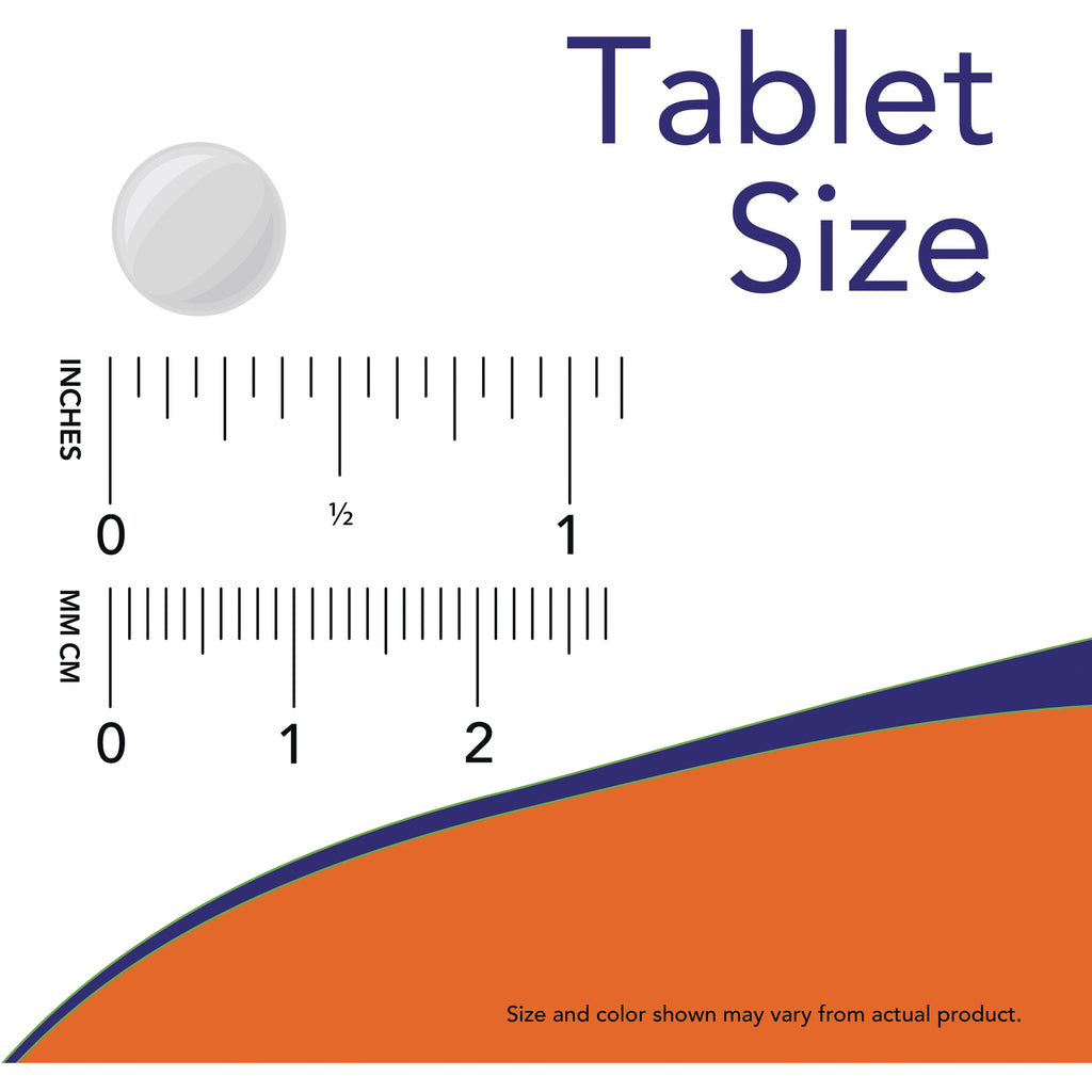 NWF970 | Tablet size guide showing round white tablet above inch and cm rulers labeled 0 1 2 and text Tablet Size - Thumbnail