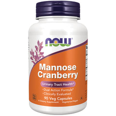 NWF1389 | NOW Mannose Cranberry supplement bottle, 90 Veg Capsules, urinary tract health