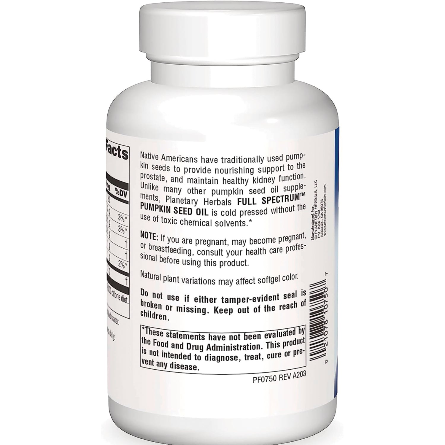 PF221 | Back of white supplement bottle showing label text, warnings, and barcode