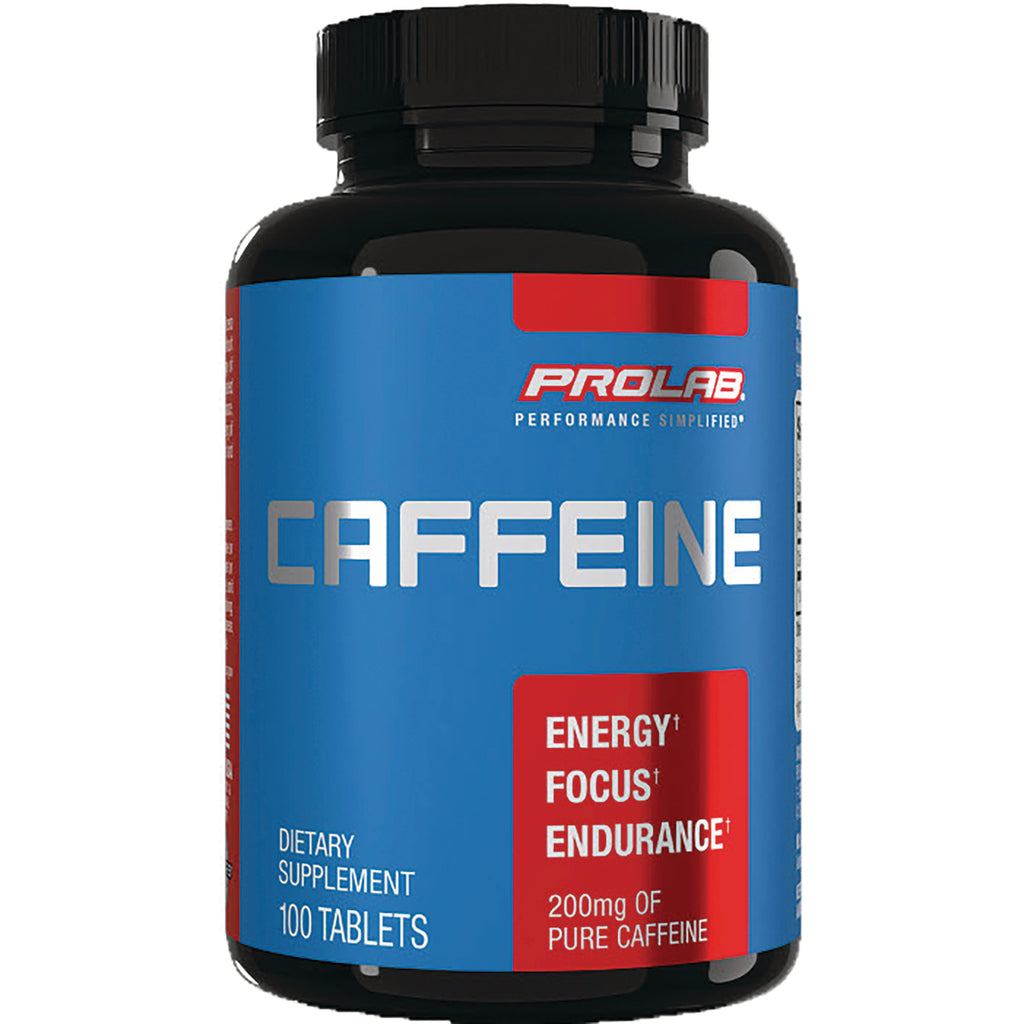 PRL027 | Front view of Prolab CAFFEINE supplement bottle with blue label, 100 tablets, 200 mg - Thumbnail