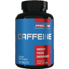 PRL027 | Front view of Prolab CAFFEINE supplement bottle with blue label, 100 tablets, 200 mg