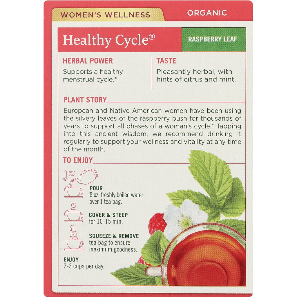 TMD033 | Back panel of Healthy Cycle Raspberry Leaf tea showing herbal power, taste, plant story, and brewing directions - Thumbnail