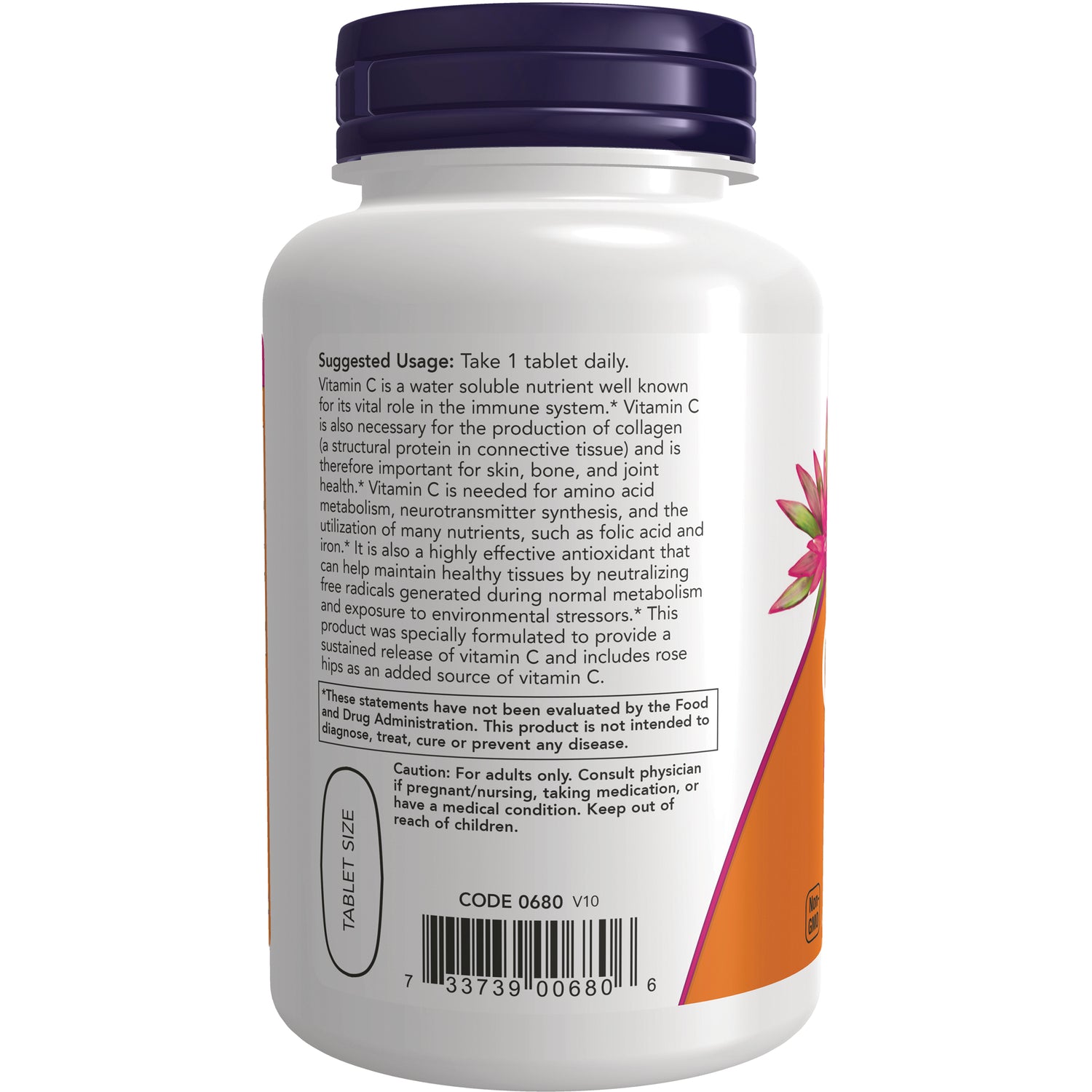 NWF1120 | Back label of white supplement bottle showing Suggested Usage: Take 1 tablet daily, caution box and barcode