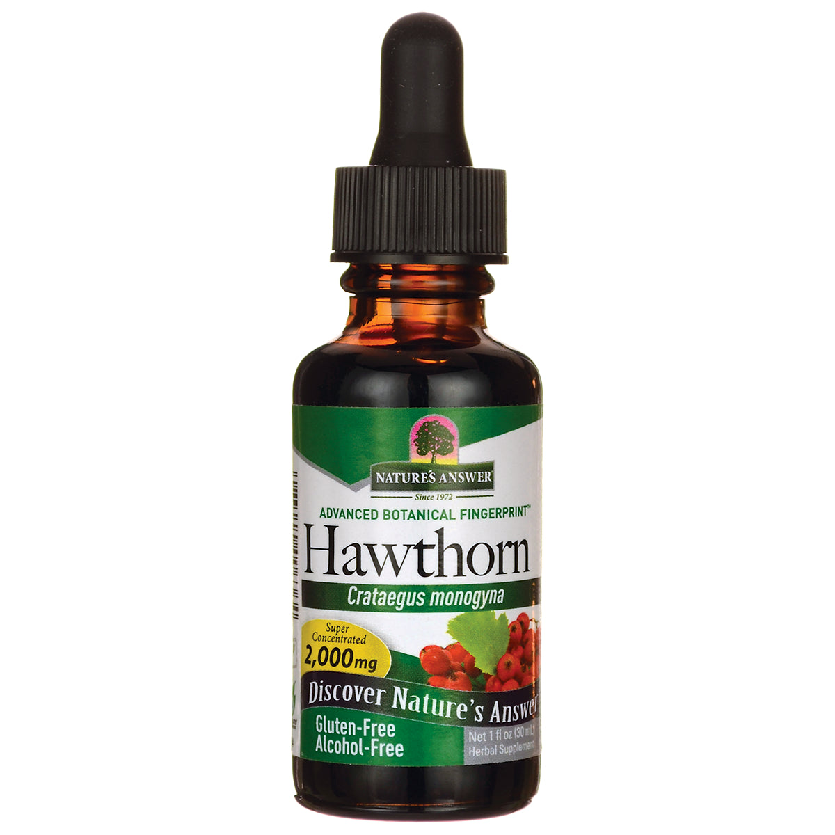NAT055 | amber glass dropper bottle labeled Hawthorn Crataegus monogyna 2,000 mg gluten-free alcohol-free