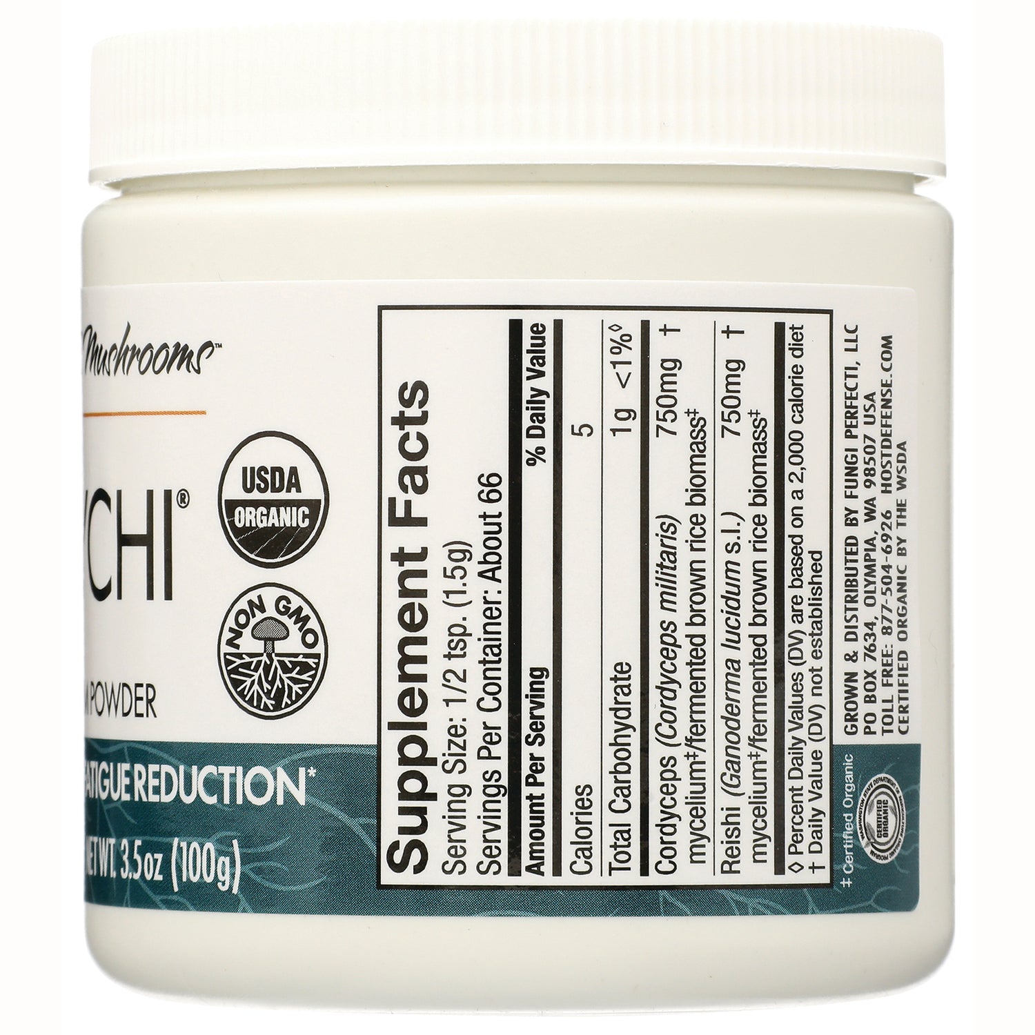 FUN044 | Back label showing Supplement Facts for mushroom powder with serving size and ingredient amounts