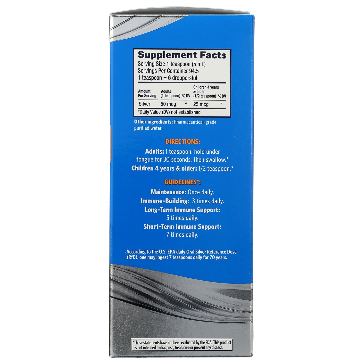 SSL008 | Back of blue supplement box showing Supplement Facts panel, dosage directions and guidelines