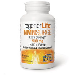 NFC220 | regenerLife NMN SURGE extra strength 500 mg bottle, NAD+ boost healthy aging supplement with Natural Factors logo
