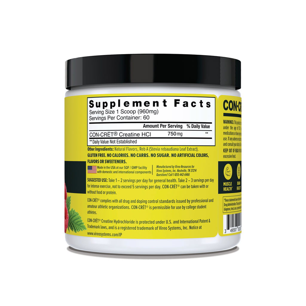 CNC004 | Supplement Facts panel for CON-CRĒT Creatine HCl powder with serving size and usage directions - Thumbnail
