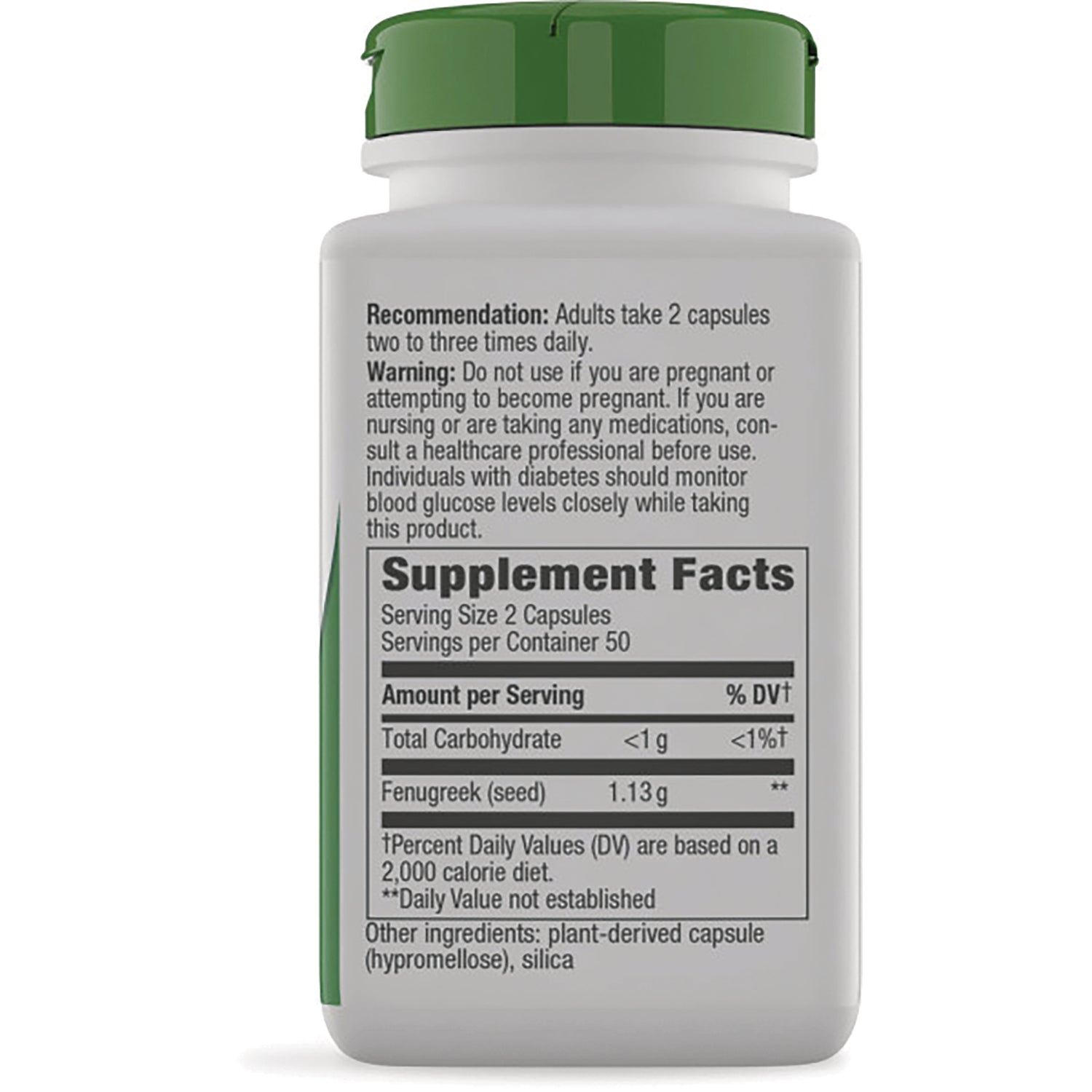NW135 | Back of white supplement bottle showing warning text and Supplement Facts panel listing fenugreek seed and serving size 2 capsules