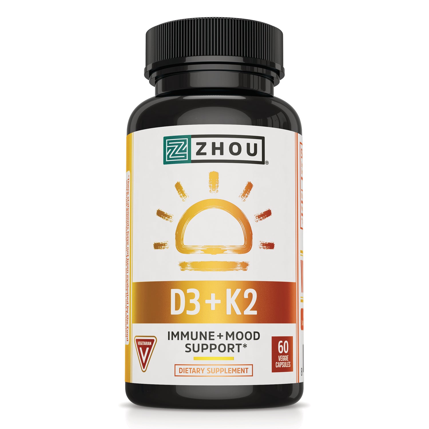 ZOU025 | Zhou D3 + K2 dietary supplement bottle, Immune + Mood Support, 60 veggie capsules